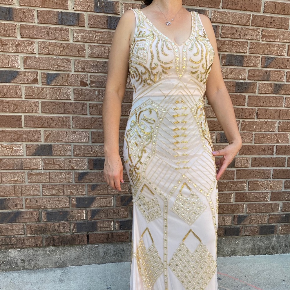 Light pink floor length dress with gold beading